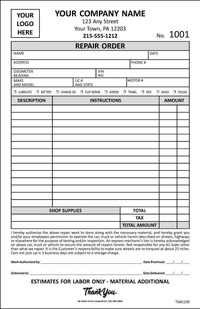 Automotive Garage Repair Order Forms – 3 Part Carbonless – 5.5 x 8.5 – TMG109