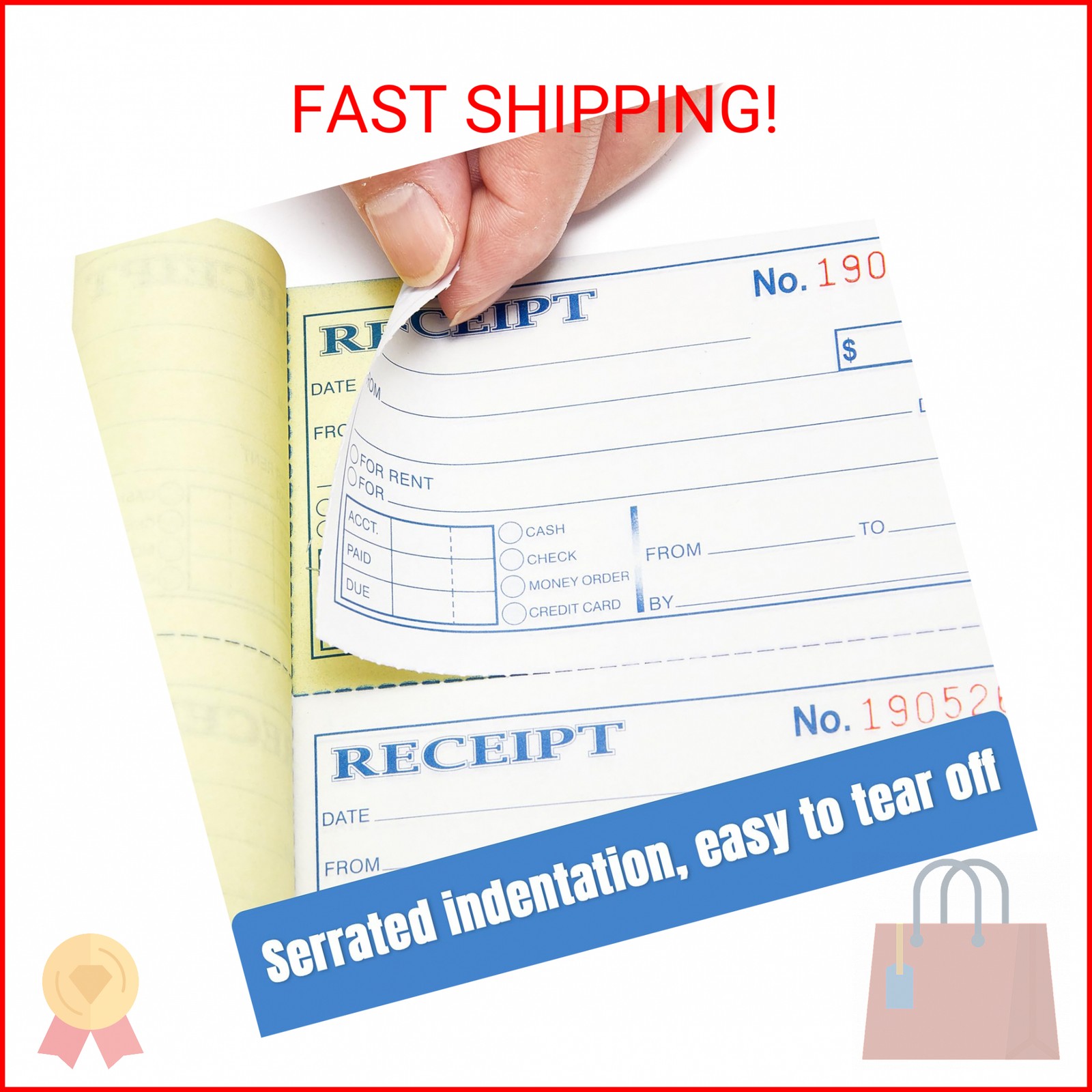 Receipt Book with Carbon Copies, 2-Part carbonless, 100 Sets per Book, 4 Receipt
