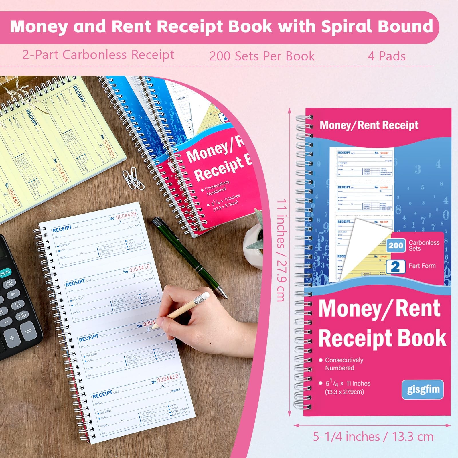 4 Pads Money and Rent Receipt Book with Spiral Bound Rent Receipt Book with 2…