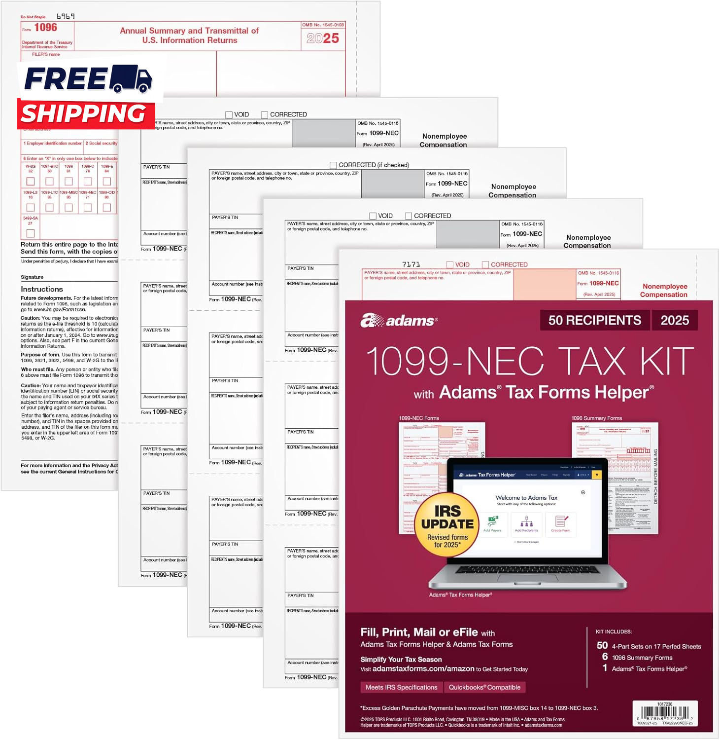 1099 NEC Forms 2025 4-Part Kit for 50 Recipients Includes 6 1096 Forms