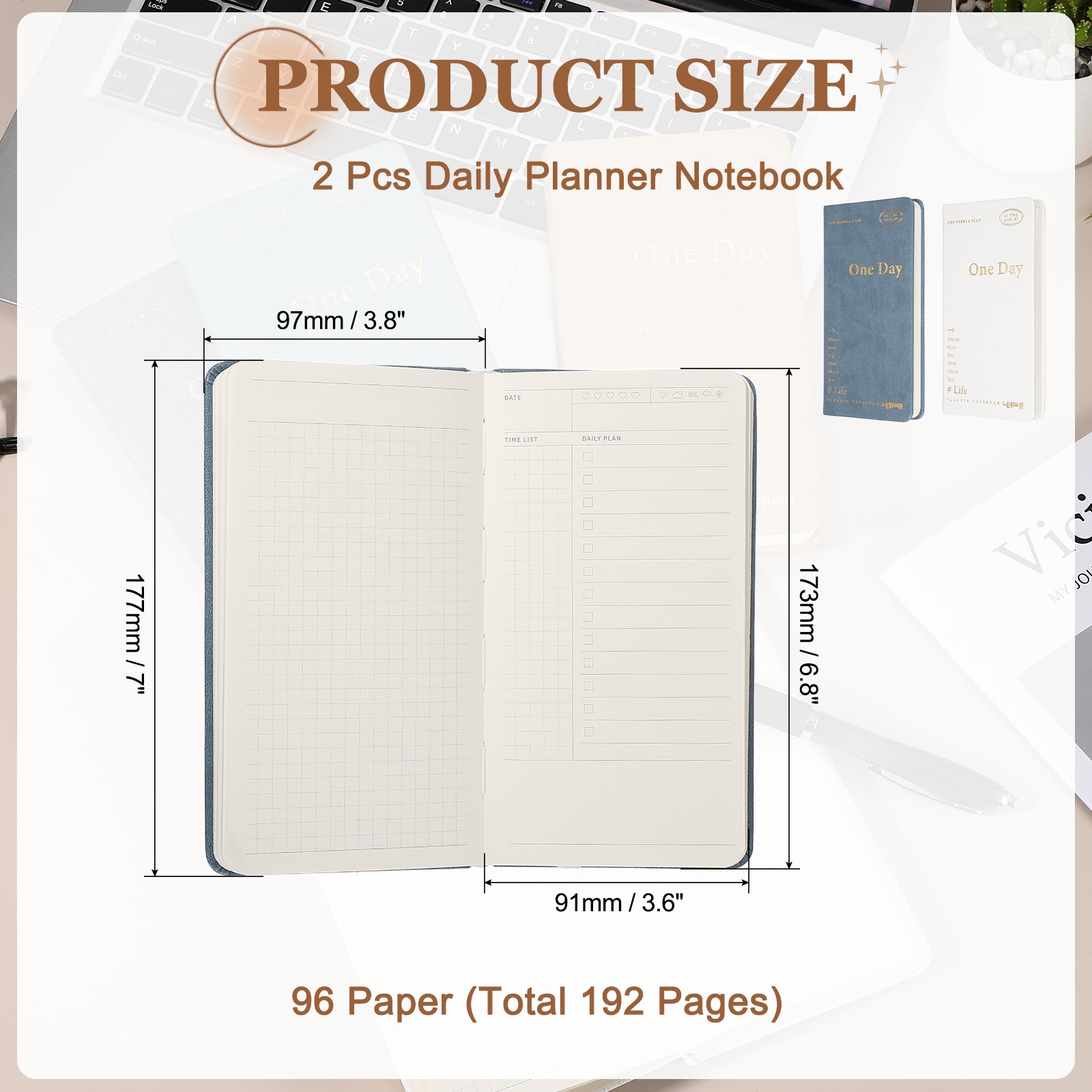 2Pcs Daily Planner Notebook, 7 x 3.8″ to Do Notebook, White, Blue