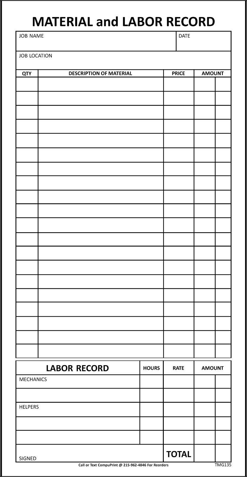 1000 Compact Material & Labor Records / 4.25 x 8.25 / Nebs Deluxe # 230