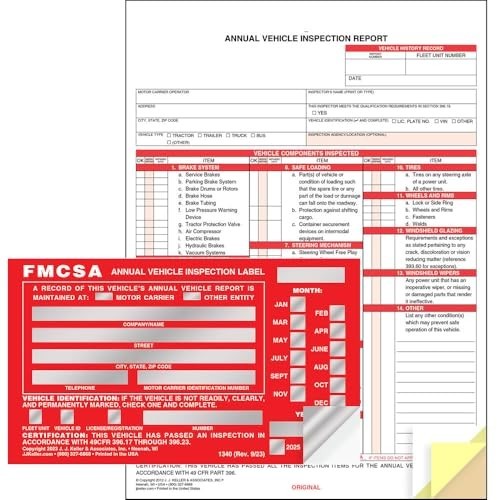 J. J. Keller 10-Pack, Annual Vehicle Inspection Report Form & Red FMCSA Label Al