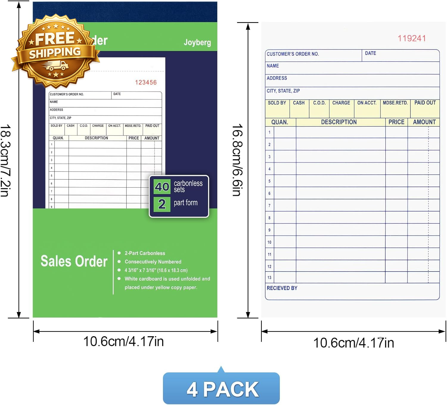 4 Pack Sales Order Book 4.17Inx7.2In Receipt Book with Carbon Copies 2-Part