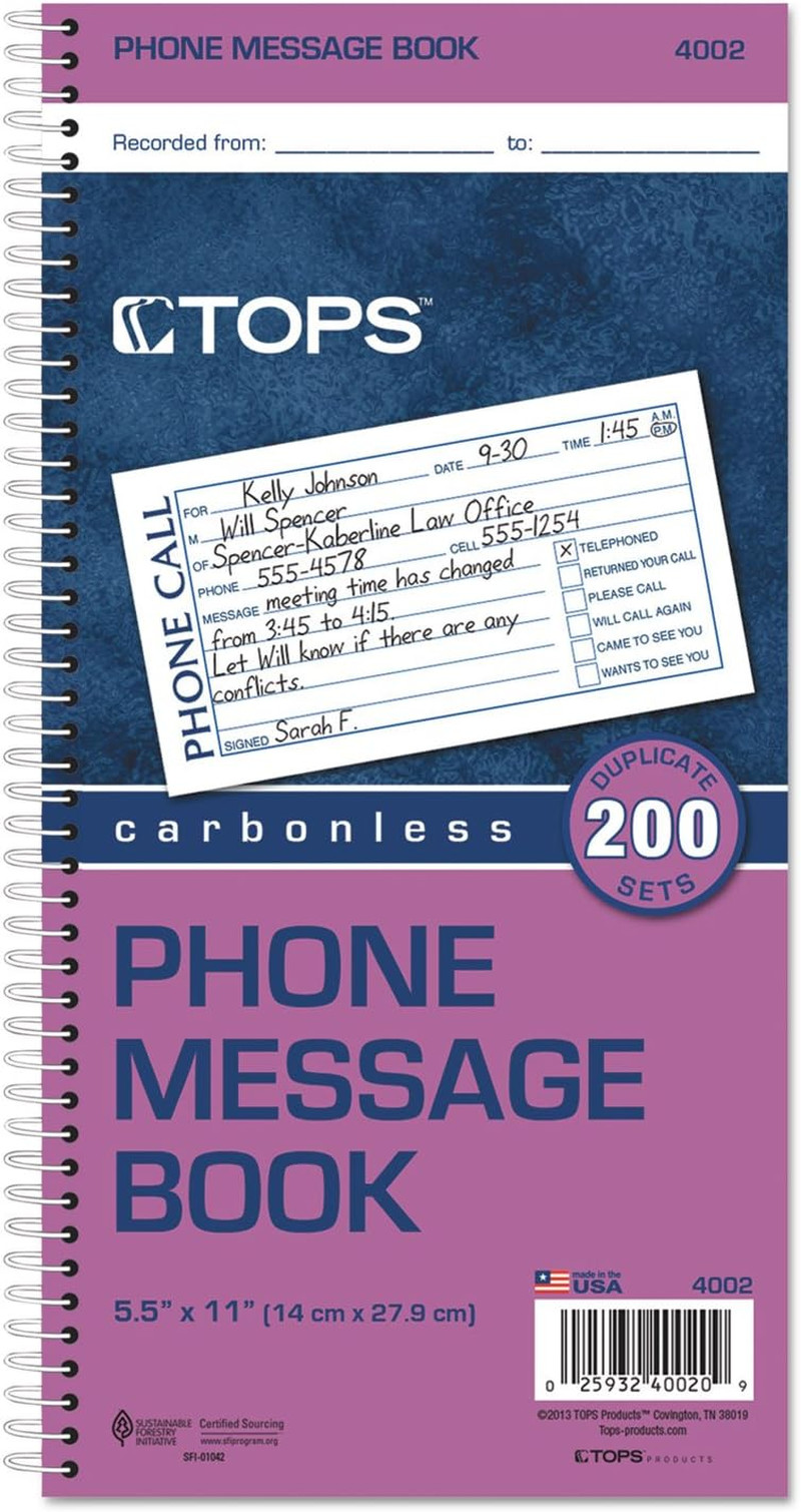 Phone Message Book, Carbonless Duplicate, 4 Messages per Page, 2 Set per Book (4