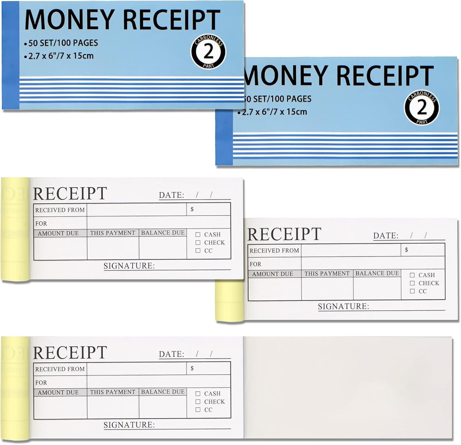 Money and Rent Receipt Book 5 Pack/250 Sets, 2-Part, 2.75″x6″ Carbonless Copy Re