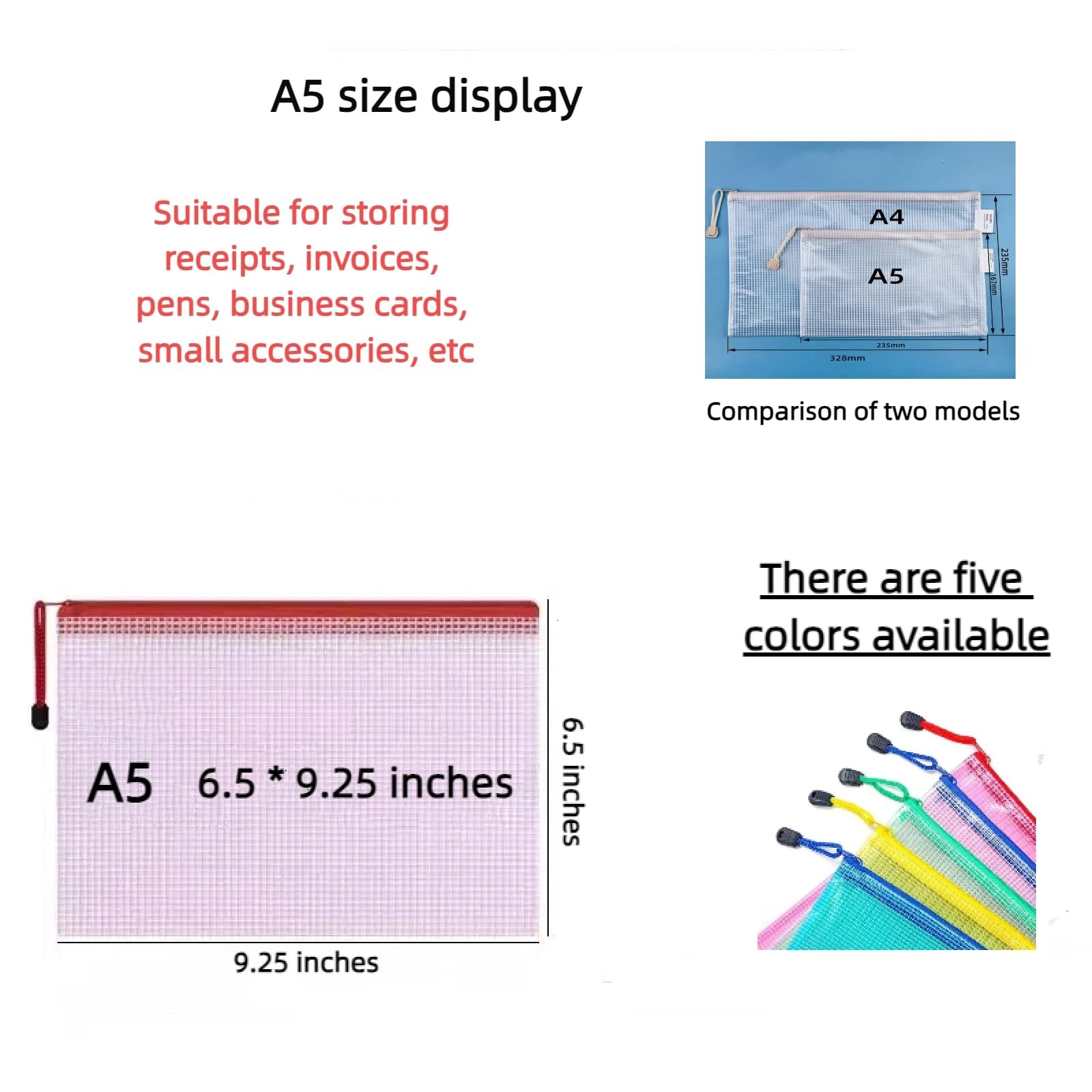 BQDDIEUR6 25-Piece Zippered Mesh Document A5 (25 9.33*6.89 inches), 5 Colors