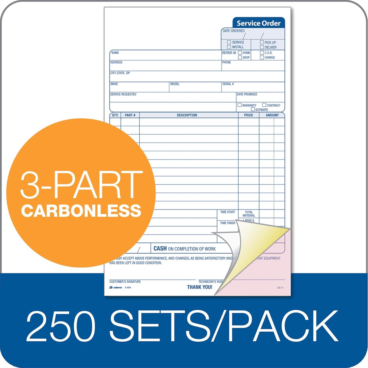 Adams Service Order Form, 3 Part, Carbonless, 5 2/3″X9″ Inches, 250 Sets per Pac