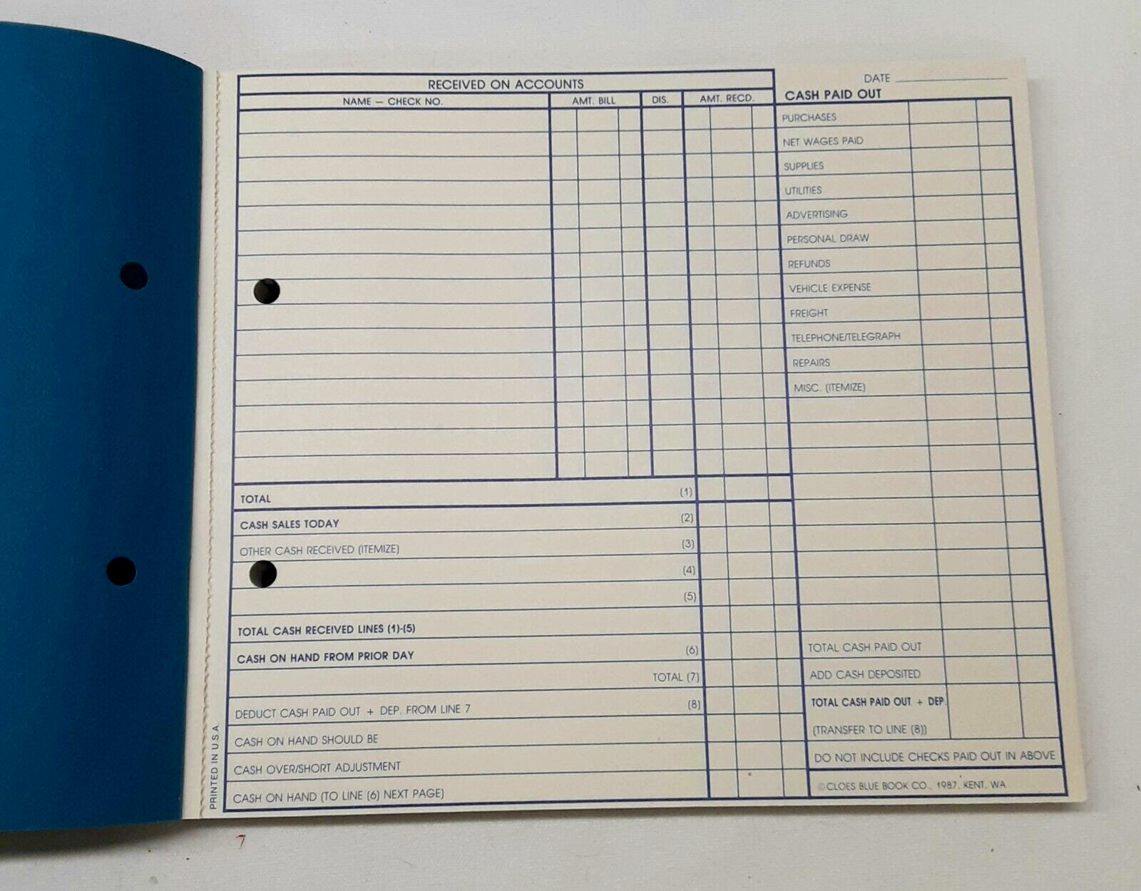 Cloes Blue Book Daily Cash Report Form DC 1987 Record Keeping Booklet Carbon