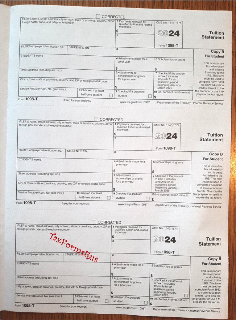 2024 IRS Tax Form 1098-T single sheet set for 3 students, NONcarbonless 2pt, 3up