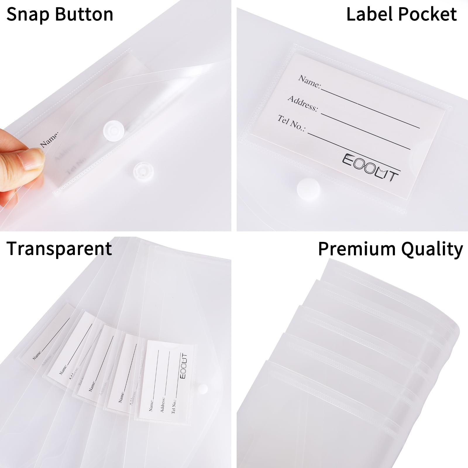 EOOUT 30pcs Plastic Envelopes, Clear Envelopes with Snap Closure,