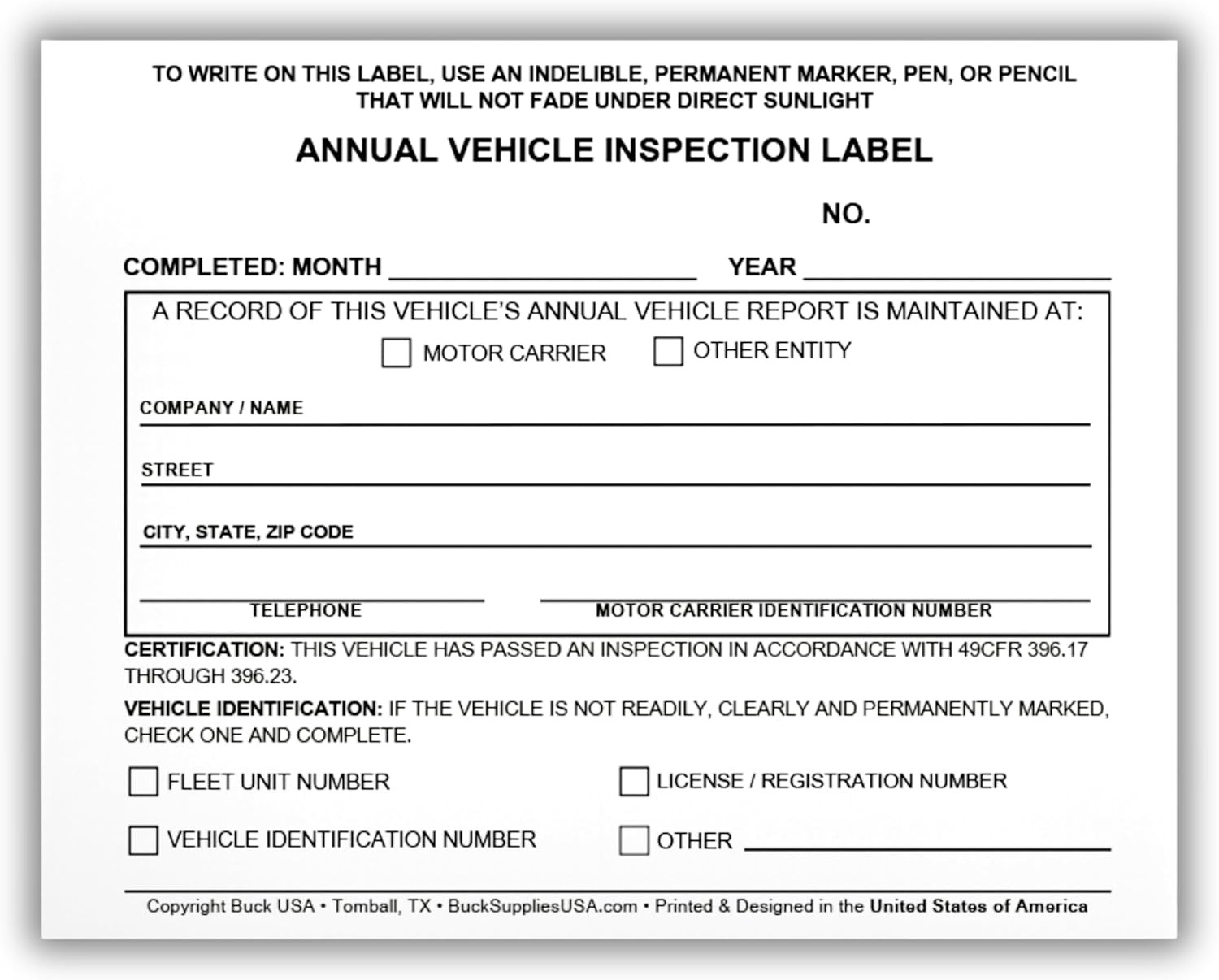 5 Pack Buck Annual Vehicle Inspection Label, 2-Ply Adhesive Vinyl with Mylar Lam
