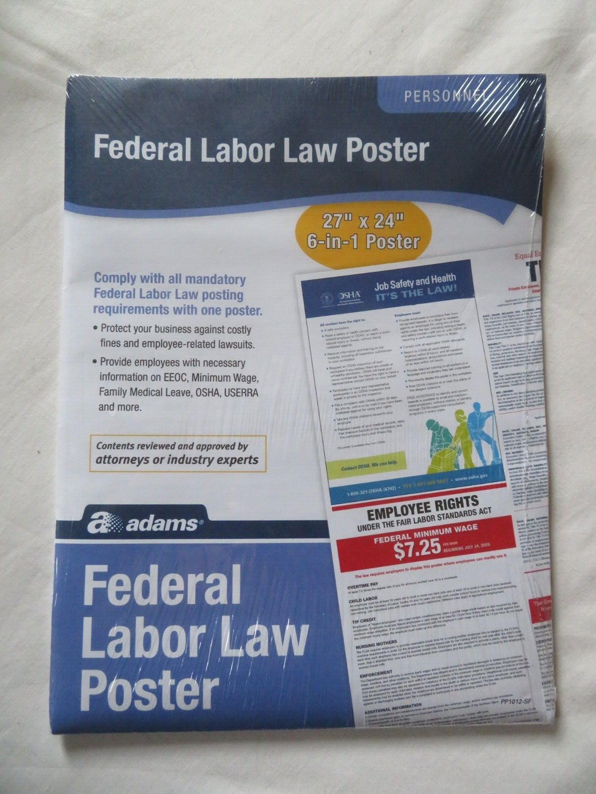 Adams Federal Labor Law Poster 27″ x 24″ 6-in-1 Poster Personnel