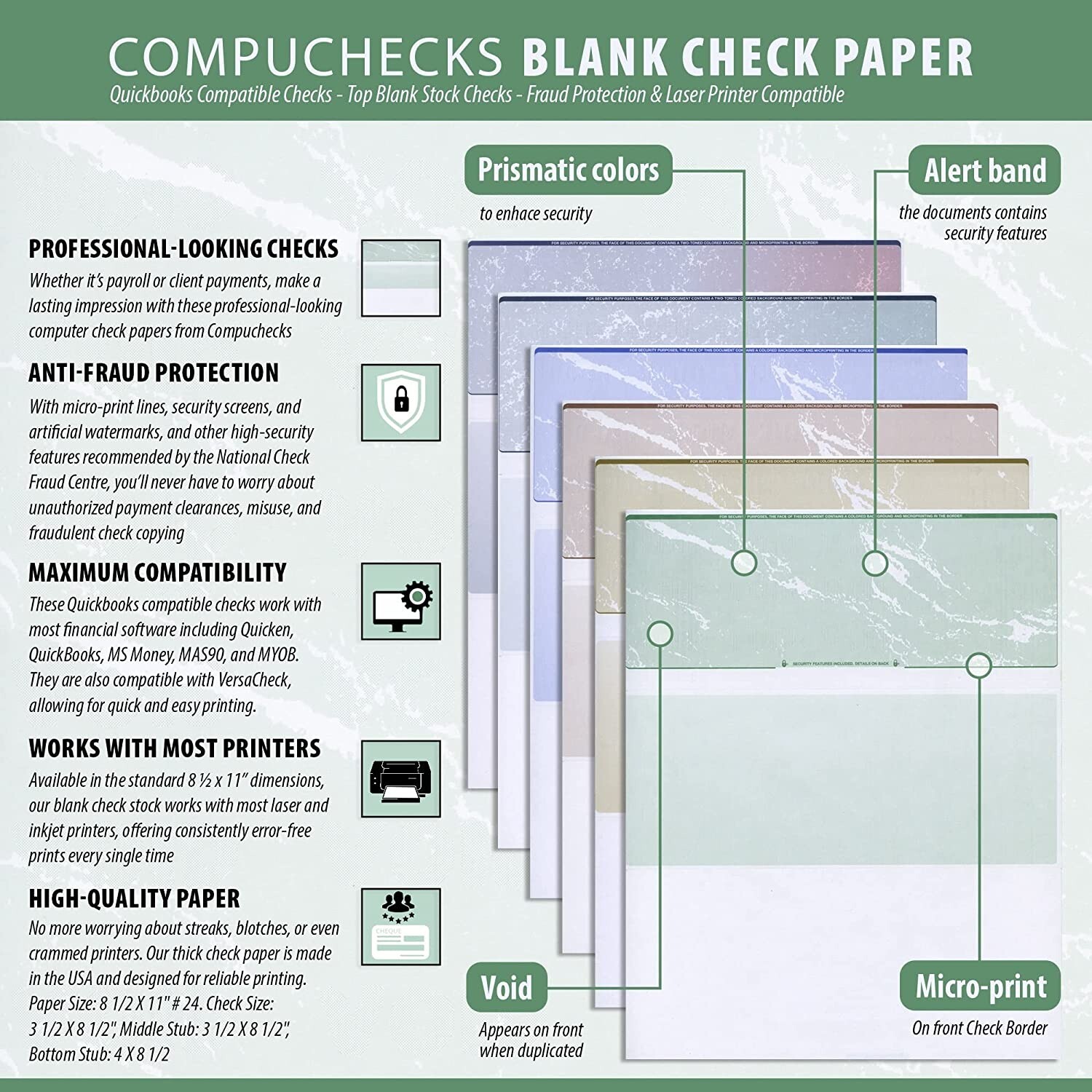 COMPUCHECKS 54002/ 500 sheet STANDARD Security CHECKS Marble Top Green 24 lb/92