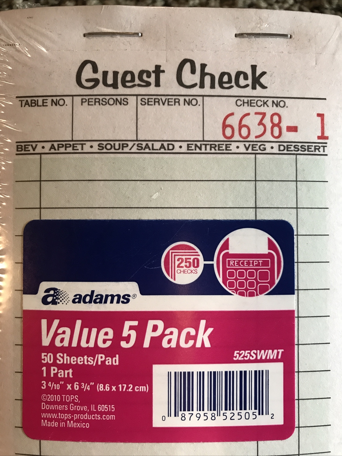 Adams Guest Check Pads, 5 Pack, Perforated, White, 3-2/5″ X 6-3/4″, 525SWMT