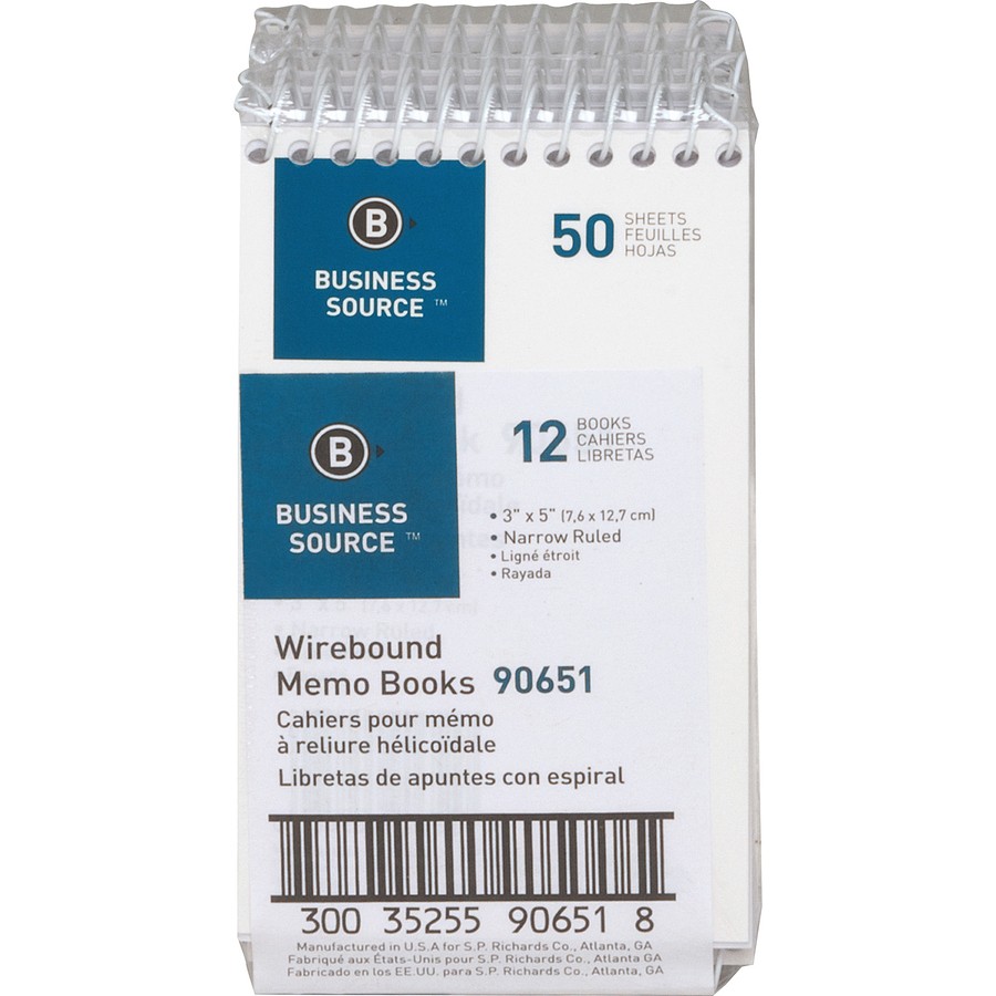 Business Source BSN90651 Wirebound Memo Book 50 Sheets 3″x5″ White