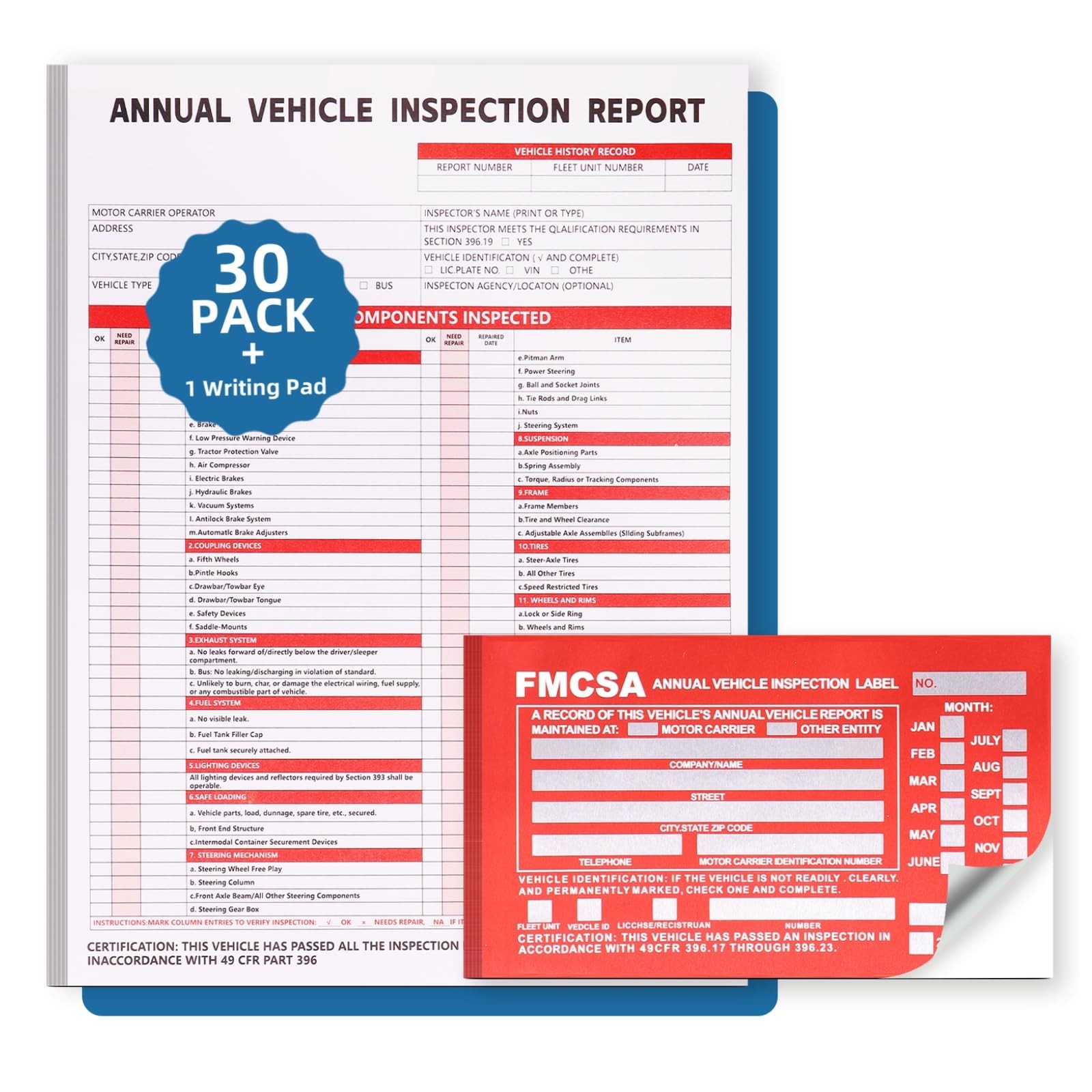 30 Vehicle Inspection Report Forms with 30 DOT Compliant Adhesive Stickers