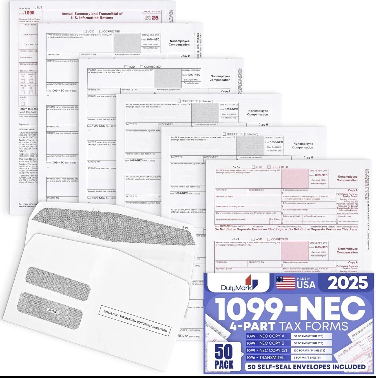 50 1099 NEC Tax Forms 2025 with Envelopes, 4 Part Legal Laser Tax Forms Kit, 50