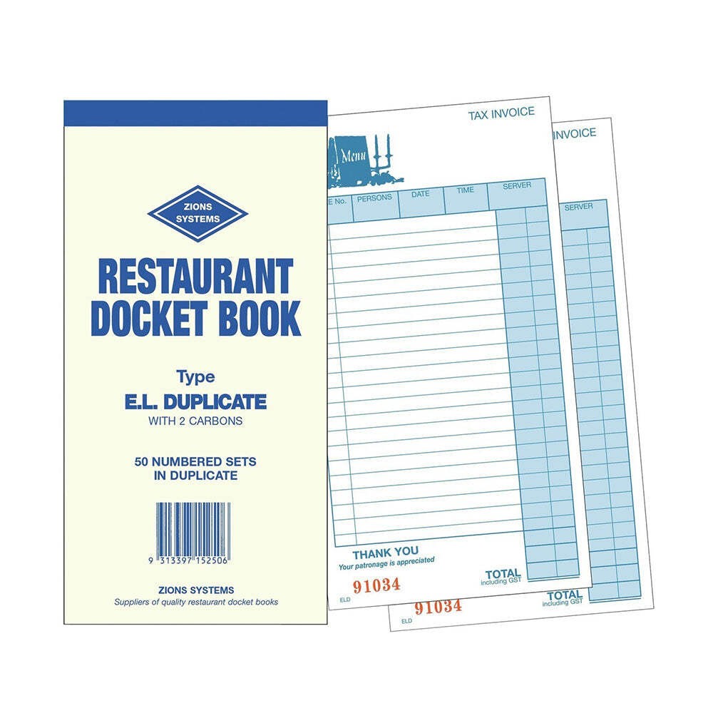 Zions Duplicate Restaurant Docket Book 210x100mm with Quality Carbon Paper
