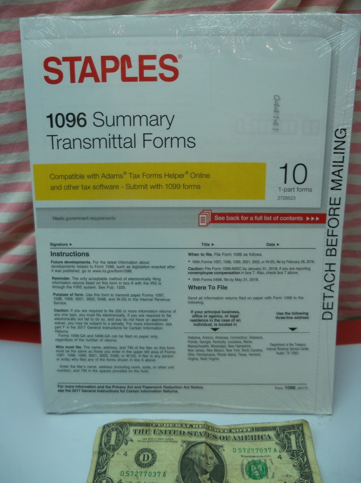2017 Staples 1096 Summary Transmittal Forms 10 1-part Forms per Package USA NEW