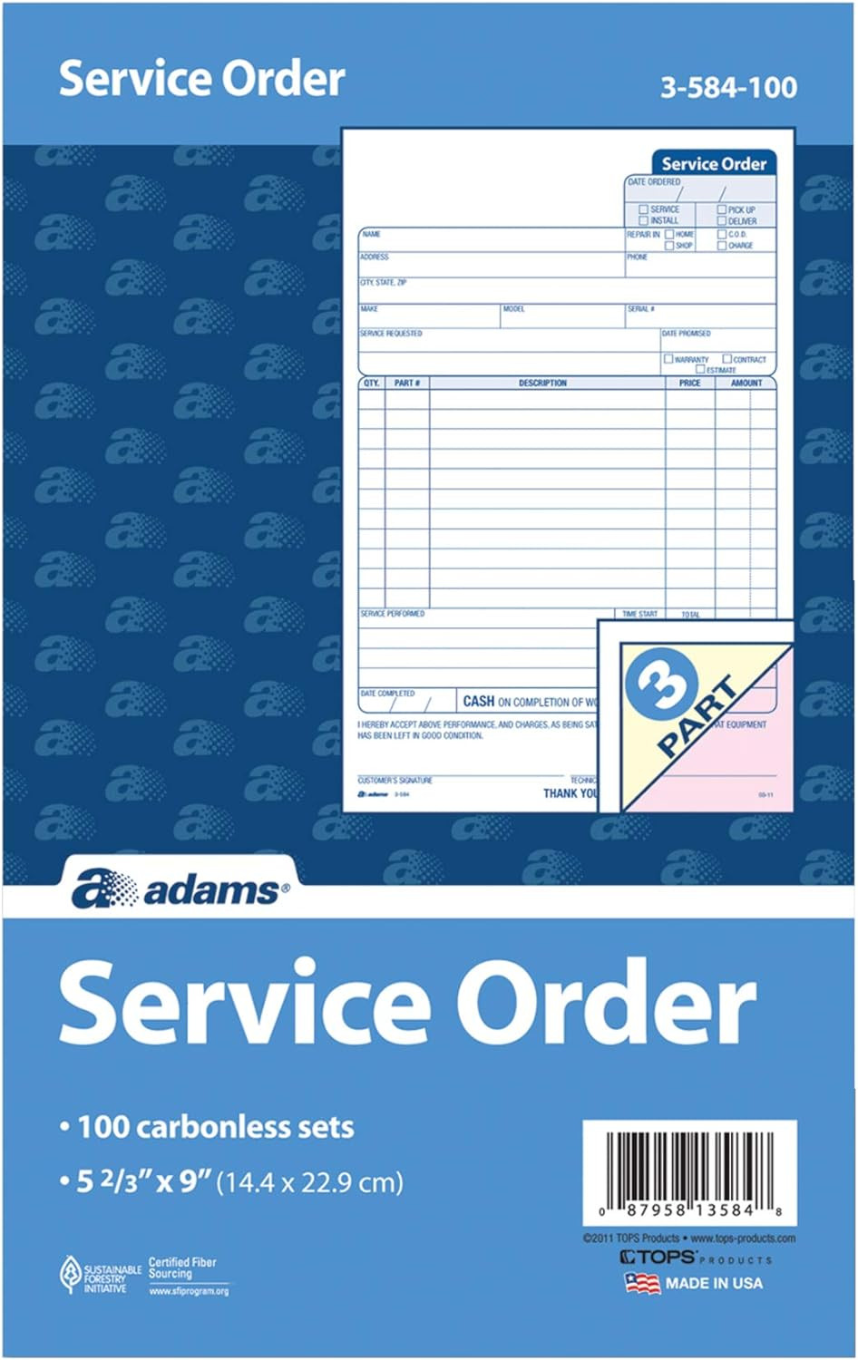 Service Order Form, 3 Part, Carbonless, 5 2/3″X9″ Inches, 250 Sets per Pack (3-5