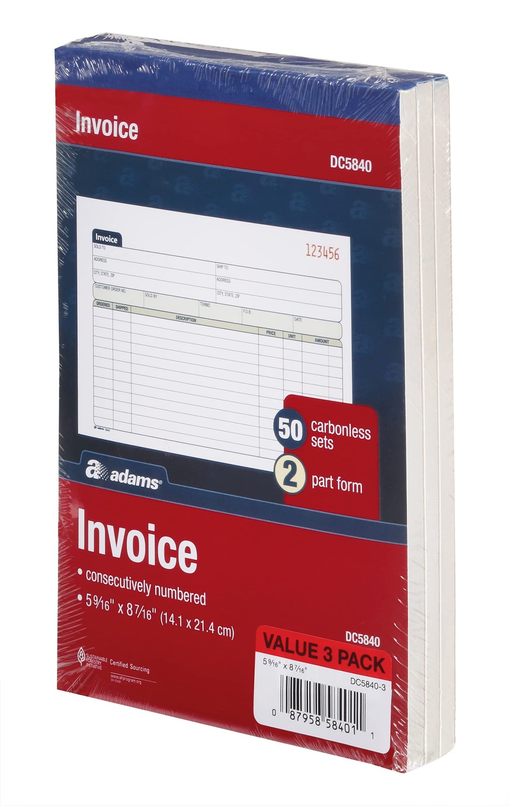 Adams Invoice Book 3 Pack, 2 Part Carbonless Invoices, Horizontal Sales White