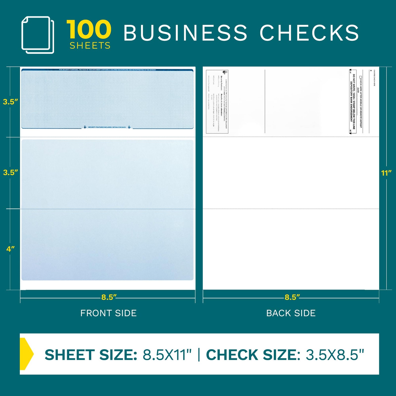 Business Checks on Top, Blank Check Paper for 100 Sheets, Diamond Blue