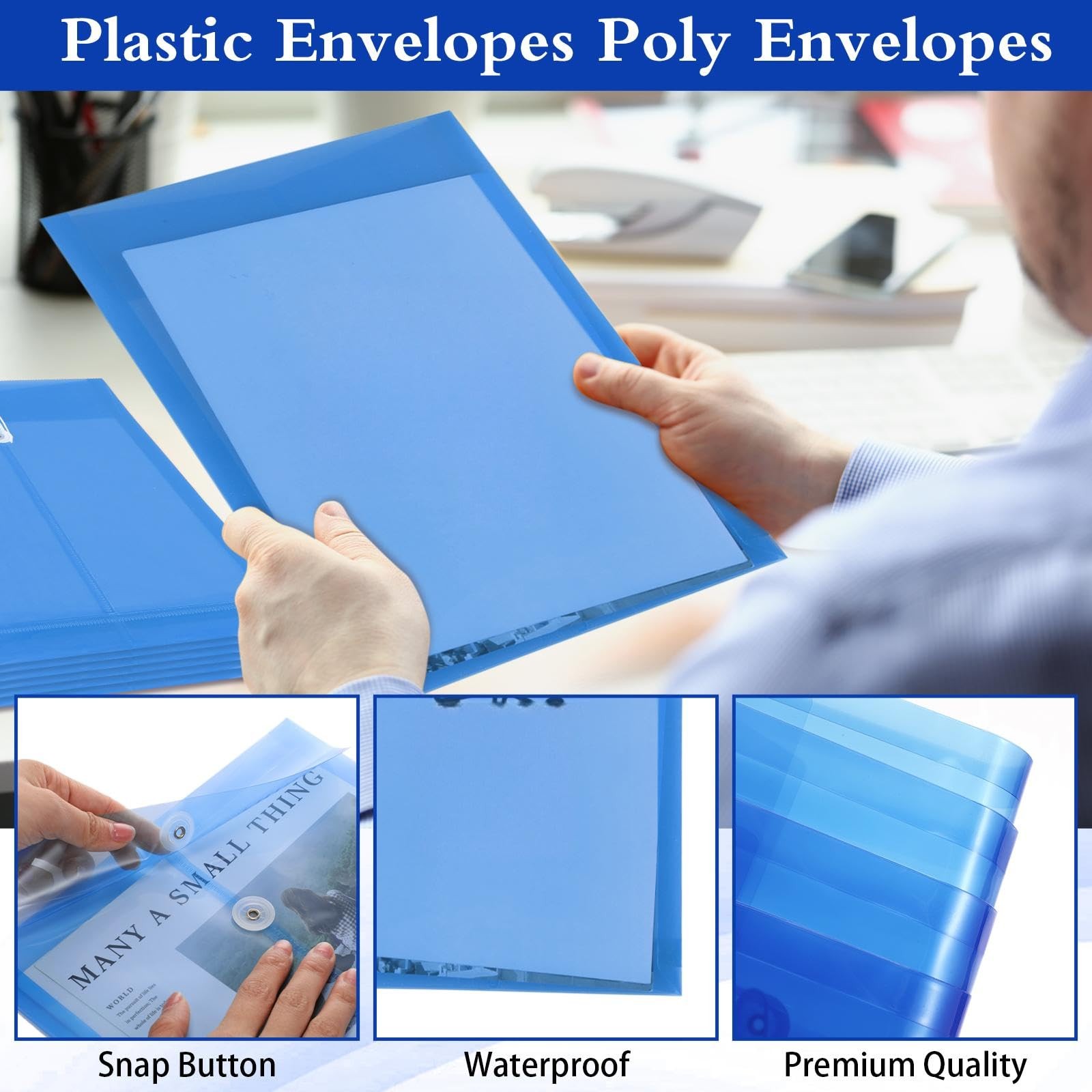 ReliThick 12 Pack Plastic Envelopes with Button and String Tie Closure Blue