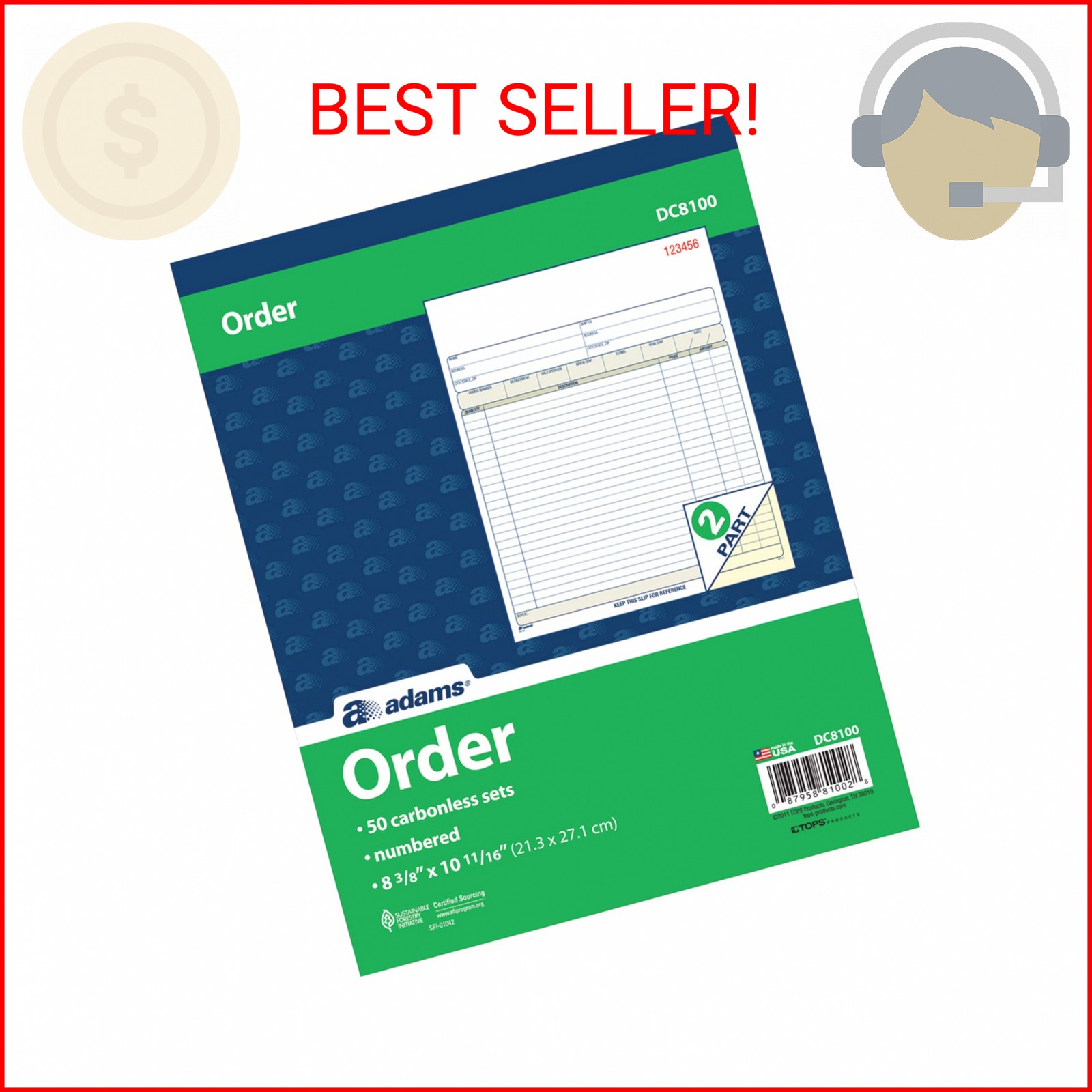 Adams Order Book, 2-Part, Carbonless, White/Canary, 8-3/8 x 10-11/16 Inches, 50