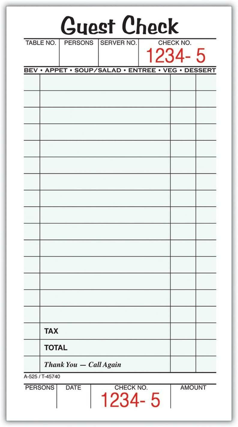 Adams 1-Part Guest Check Books, 3 2/5″ x 6 3/4″, 5 Pads Of 50 Sheets Each