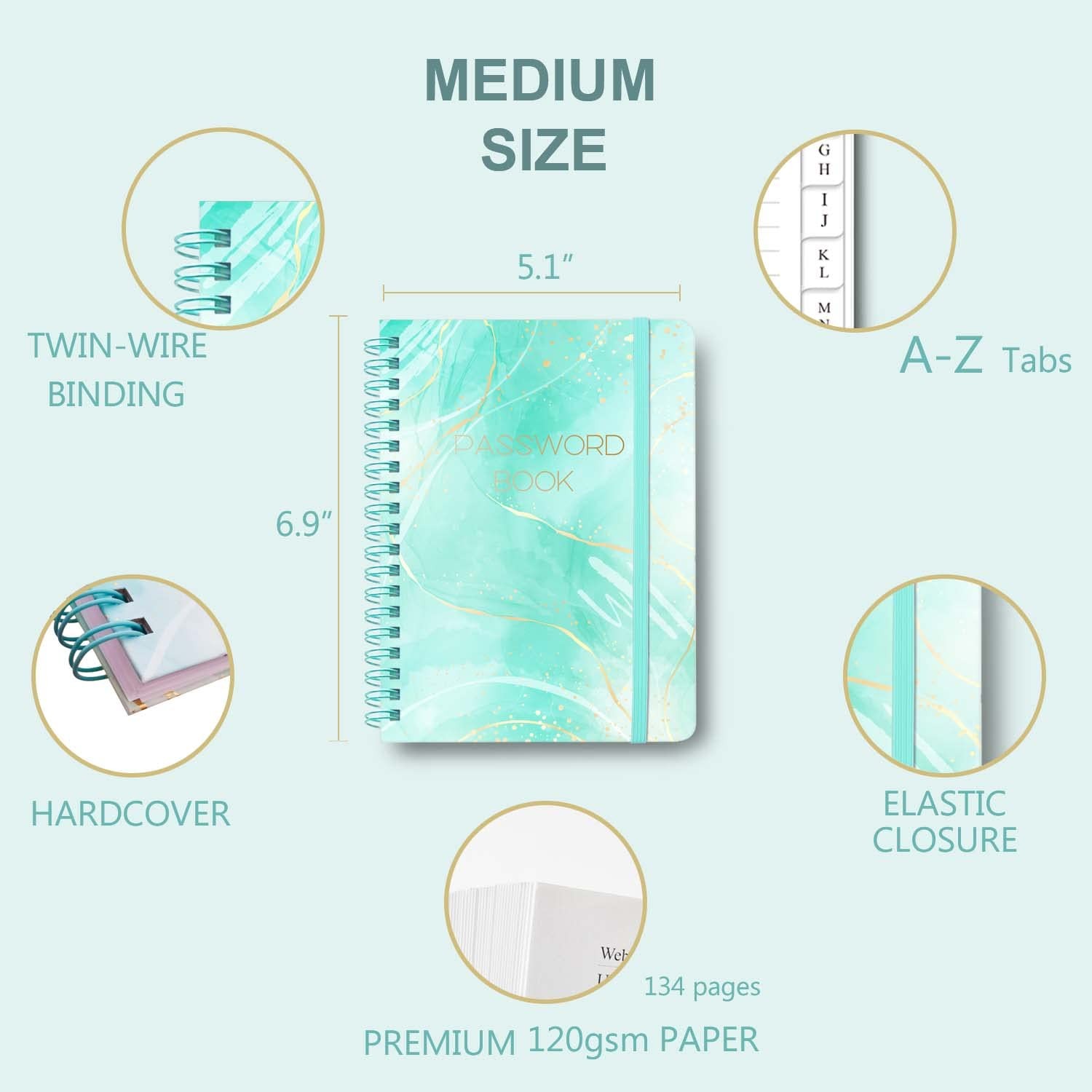 Password Book with Alphabetical Tabs – Spiral 5.1×6.9 IN, Blue
