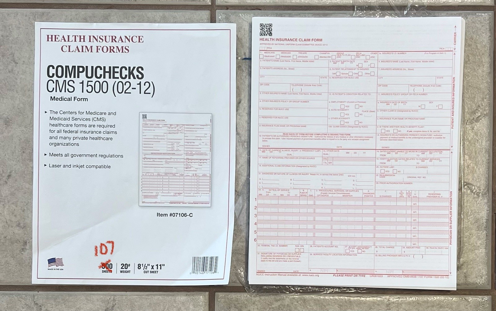 CMS 1500 Claim Forms HCFA Qty#107 and HCFA Envelopes Qty#100