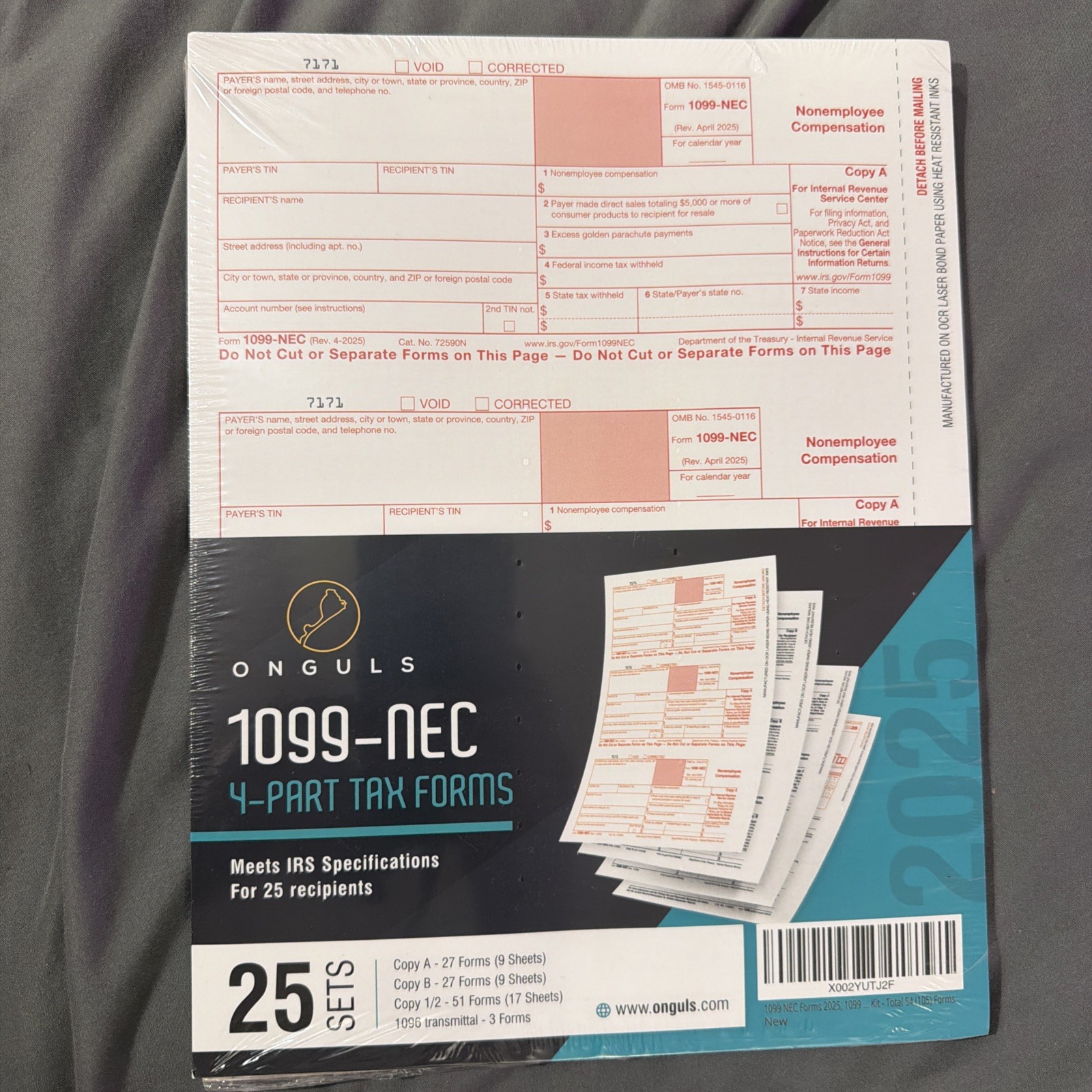 Onguls 1099-Nec 4 Part Tax Forms 25 Pack IRS Approved 2025 NO ENVELOPES