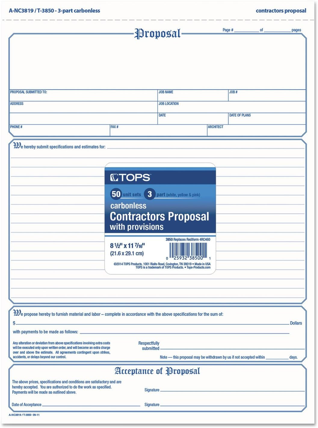 Pendaflex Proposal Form, 3-Part, Carbonless, 8.5 X 11 Inches, Phantom Rule, 50