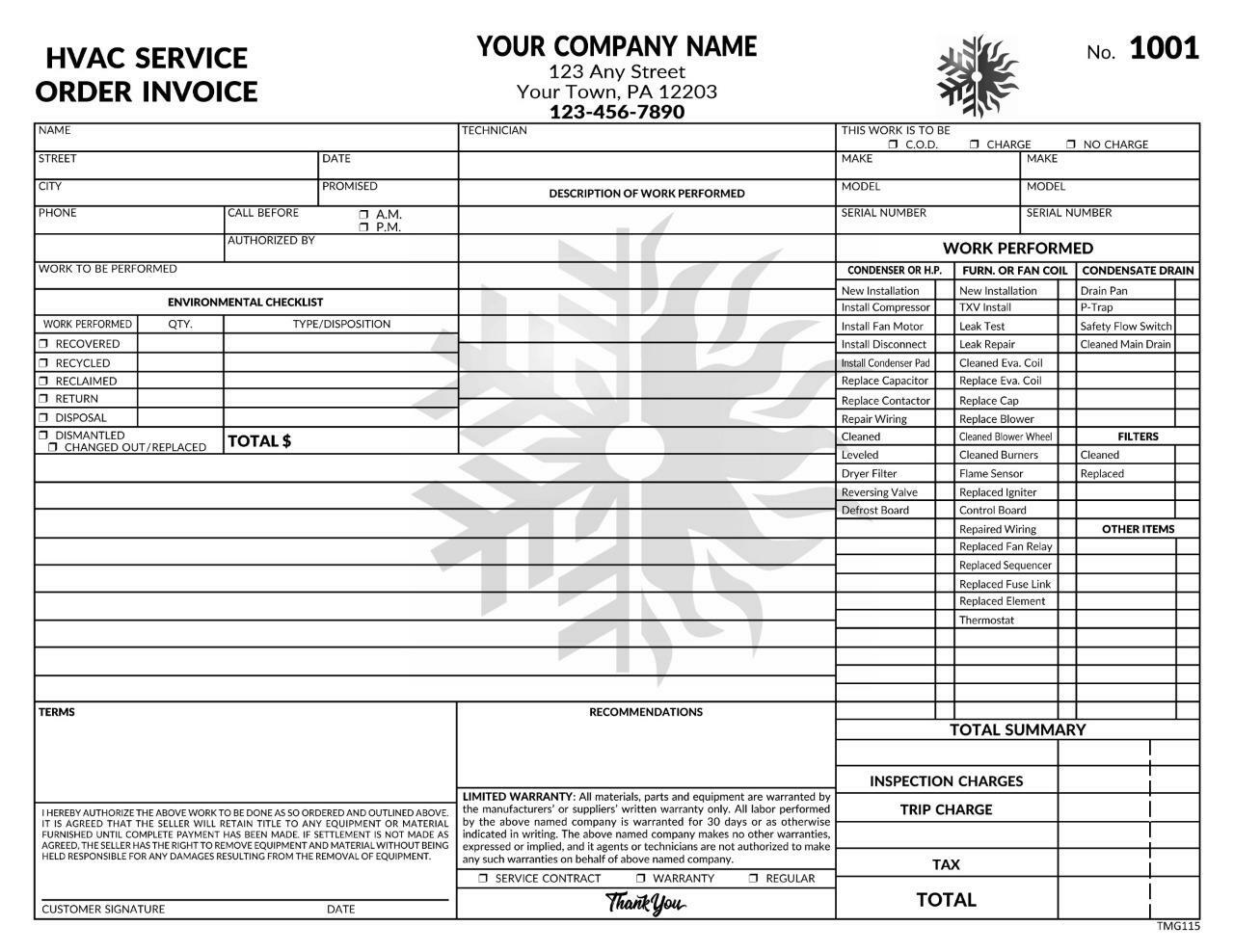 HVAC Service Orders / 3 Part Carbonless – 8.5 x 11 – TMG115