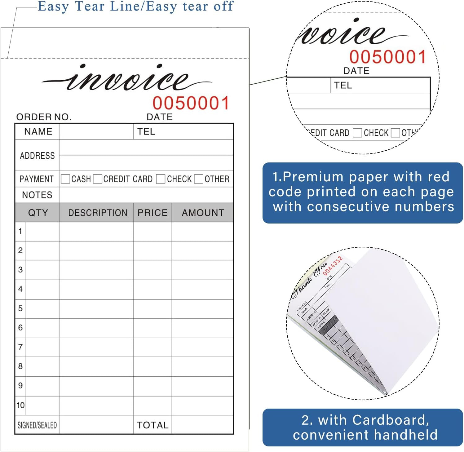Invoice Receipt Book, 3.4X5.5″ Handheld 2-Part Carbonless Sales Invoice Book, In