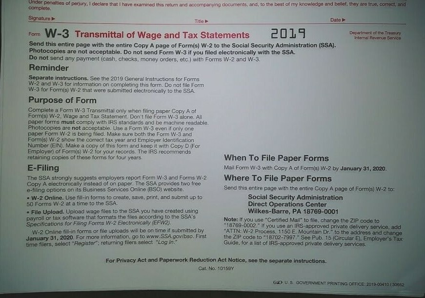 2019: 5 SHEETS W-2 IRS Wage/Tax Statement & 3= W-3 Transmittal Forms