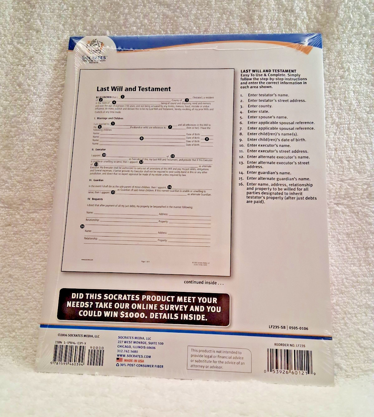 Factory Sealed Last Will and Testament Form LF235 Produced by Socrates Media