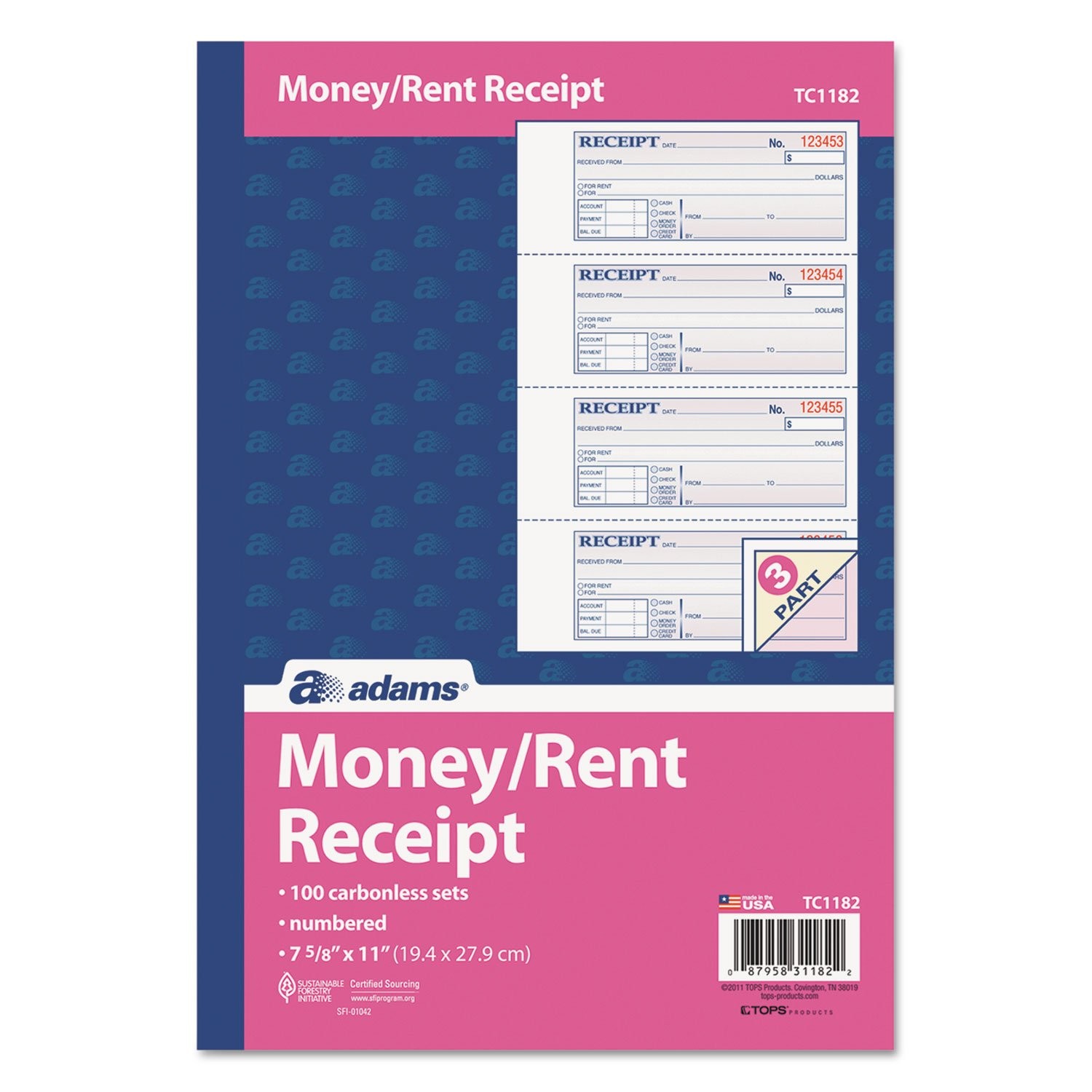 Adams Tc1182 Tape Bound Money Rent Receipt Book White Rose Safe Office Product
