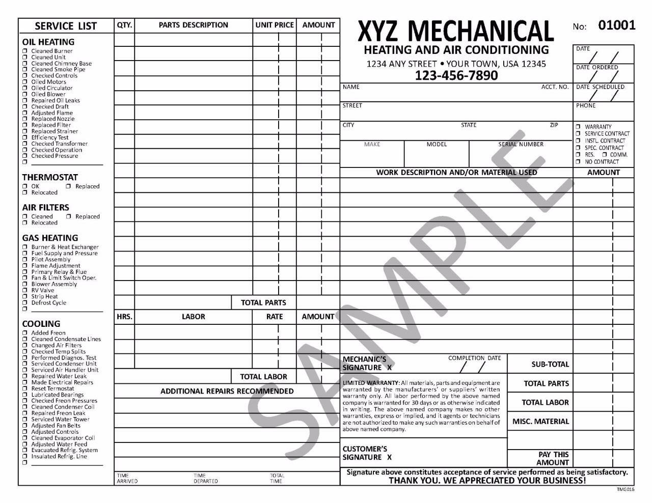 100 HVAC Plumbing Service Work Order Numbered Invoices 8.5 x 11 TMG016