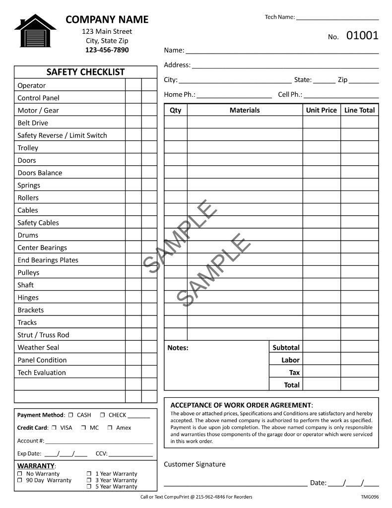 Garage Door Repair Invoice in Black & White / 8.5 X 11 / 2 or 3 Part / TMG096
