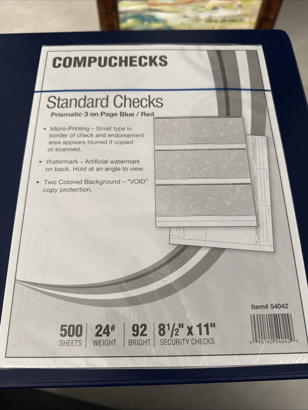 500 Blank Check Stock Paper 3 on a Page Business Blue/Red Prismatic Compuchecks