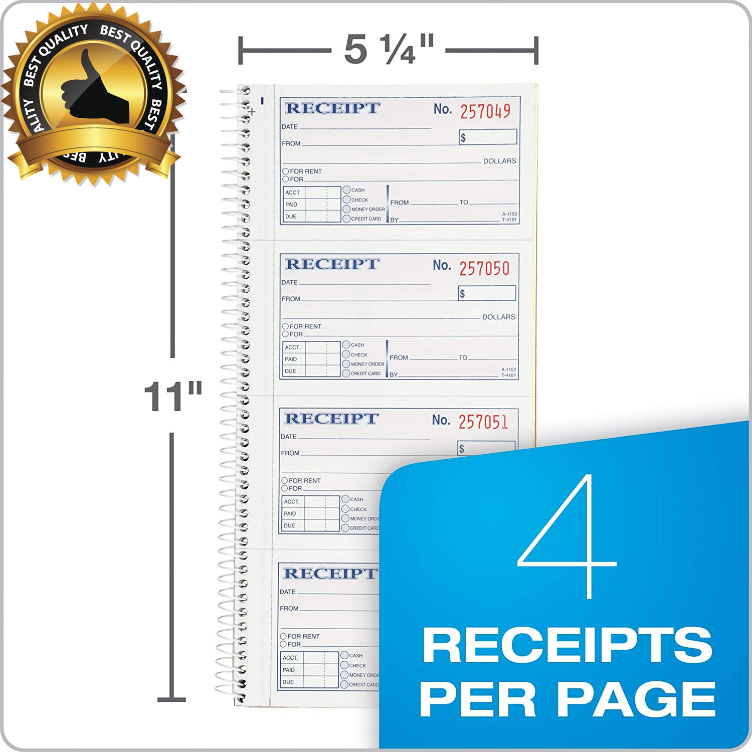 Money and Rent Receipt Book, 2-Part Carbonless, 5-1/4″ X 11″, Spiral Bound, 200