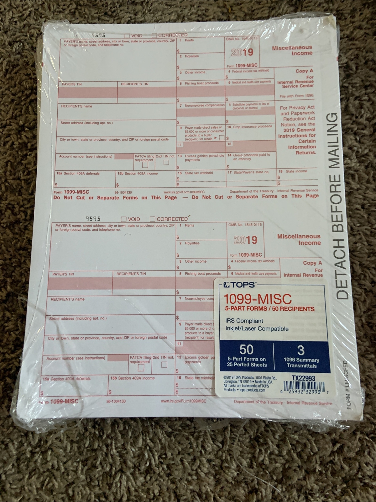 1099 MISC 2019 50 With 3 1096 Copies Laser or Inkjet Printer NEW W/ALL PART 2lot