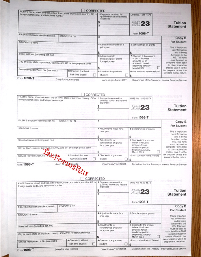 2023 IRS Tax Form 1098-T single sheet set for 3 students, NONcarbonless 3pt, 3up