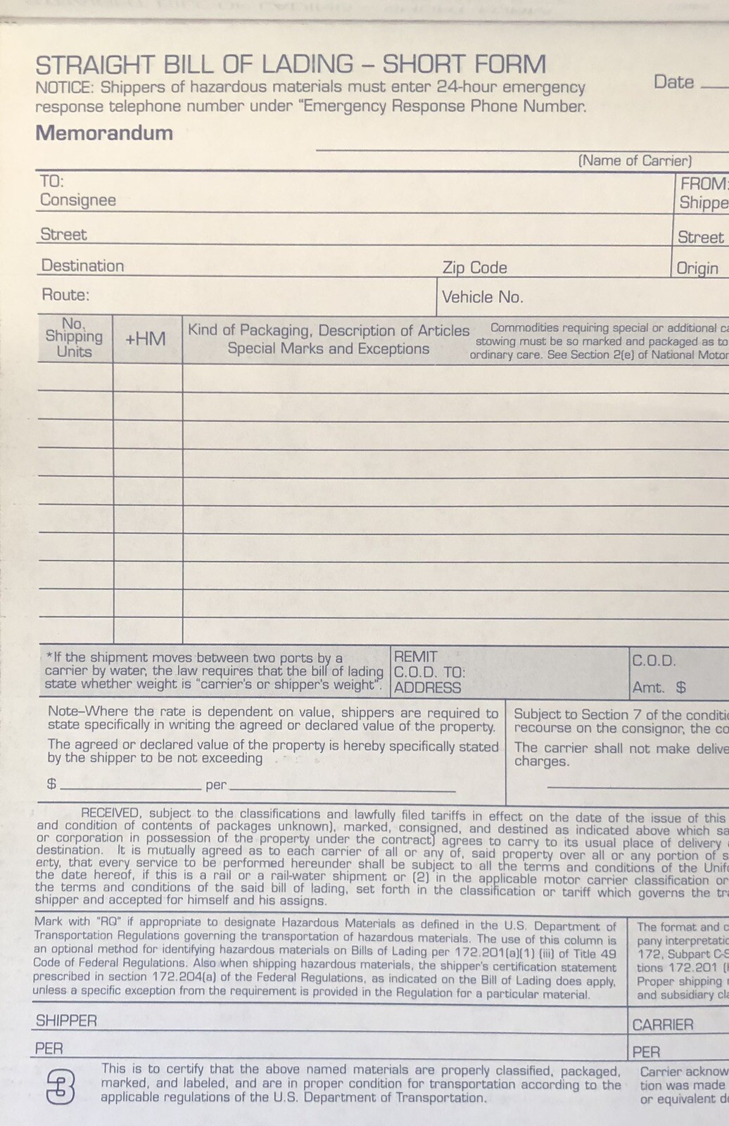(5) Adams Bill of Lading Short Form, 3-Part Carbonless, for up to 10 Articles