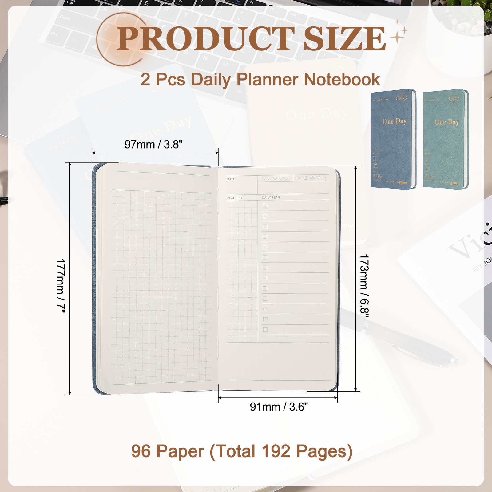 2Pcs Daily Planner Notebook, 7 x 3.8″ to Do Notebook, Blue, Green
