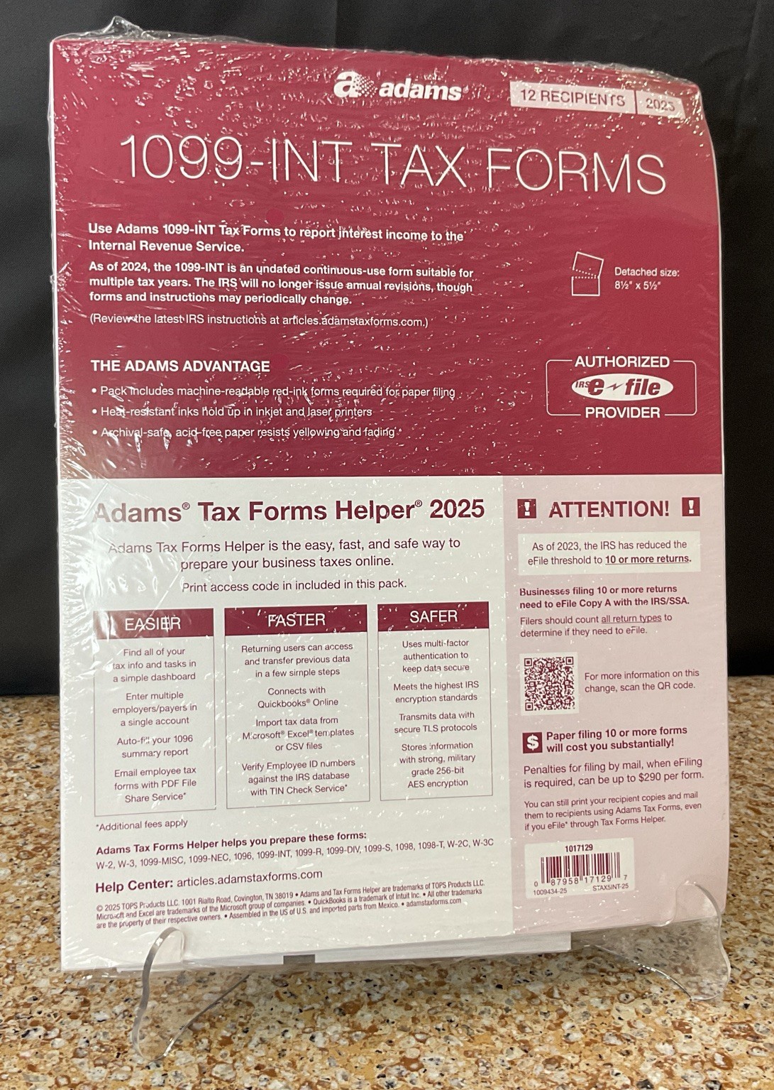 2025 Adams 1099-INT Tax Kit Forms w Envelopes 4-Part 12 Recipients