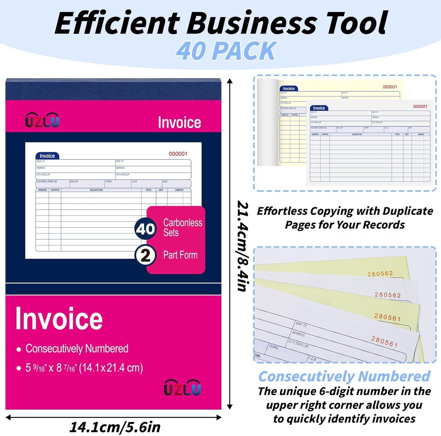 40 Pack Carbonless Invoice Books 2 Part Receipt Pads Consecutively Numbered