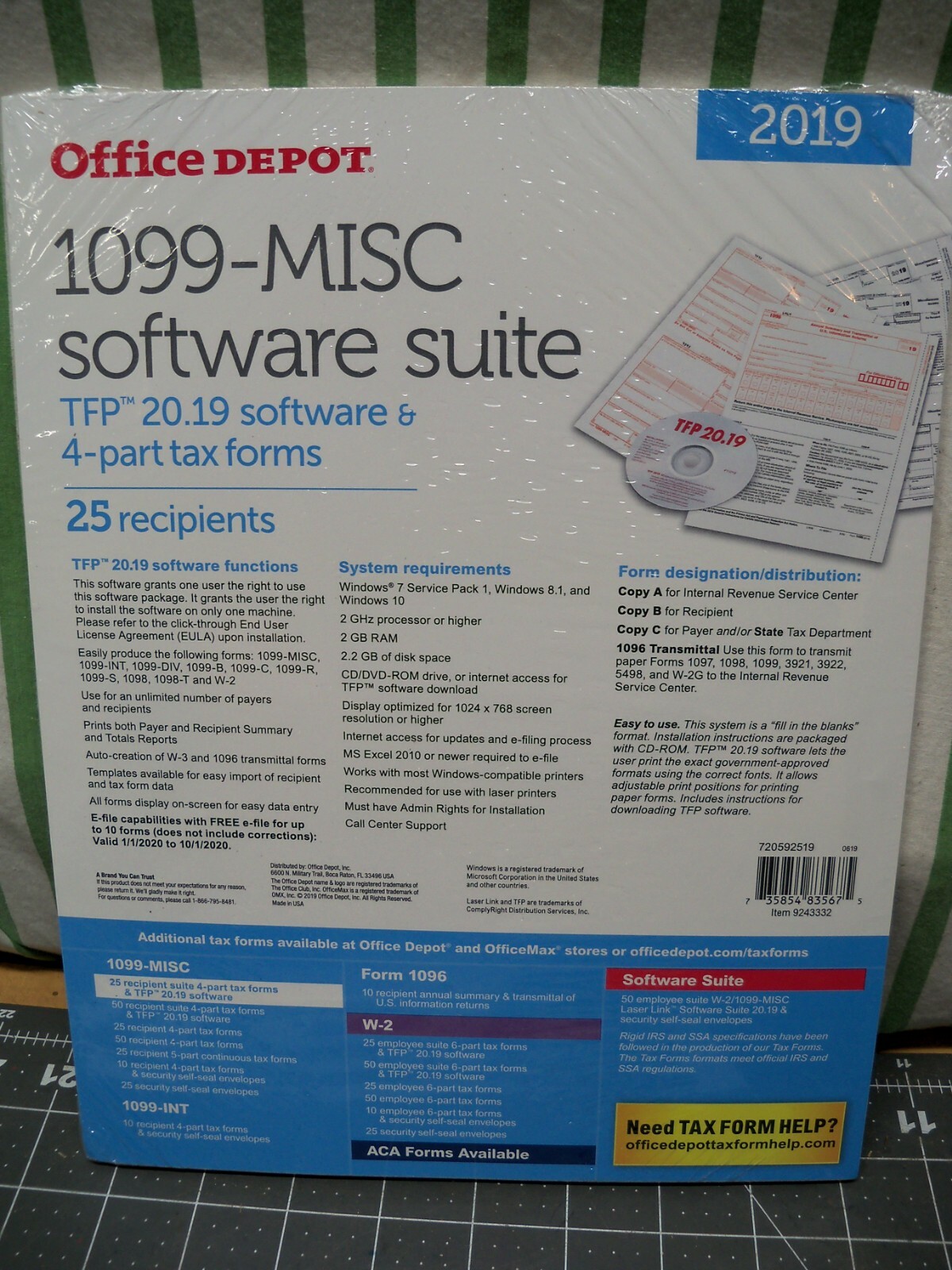 Office Depot 1099-MISC Tax Forms W Software 2019 4-Part 25 pk Staples USA Seller